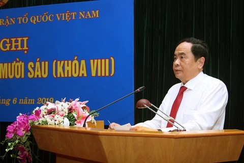 Bí thư Trung ương Đảng, Chủ tịch Ủy ban Trung ương MTTQ Việt Nam Trần Thanh Mẫn phát biểu phát biểu kết luận. (Ảnh: Nguyễn Dân/TTXVN)