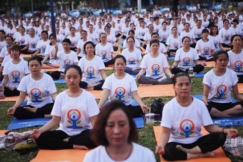 Đồng diễn Yoga nhân Ngày Quốc tế Yoga tại Đà Nẵng. (Ảnh: Trần Lê Lâm/TTXVN)