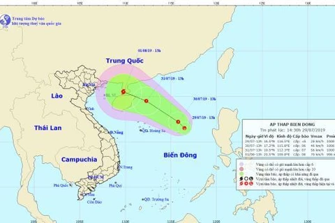 Sơ đồ đường đi của vùng áp thấp. (Nguồn: nchmf.gov.vn)