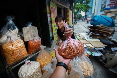 Một cửa hàng bán đồ ăn vặt trên phố Hà Nội với hầu như 100% các mặt hàng được đựng trong núi nylon ngay cả khi hàng được bán ra cho khách. (Ảnh: Trọng Đạt/TTXVN)