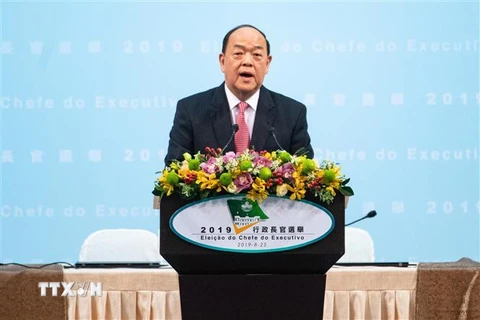 Ông Hạ Nhất Thành phát biểu sau khi được bầu làm Trưởng Đặc khu Hành chính Macau (Trung Quốc) nhiệm kỳ 5 năm trong cuộc bầu cử tại Macau, Trung Quốc, ngày 25/8/2019. (Ảnh: THX/ TTXVN)