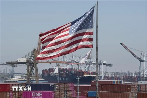 Tàu container hàng hóa từ các nước châu Á cập cảng Long Beach, bang California (Mỹ) ngày 1/8/2019. (Ảnh: AFP/TTXVN)