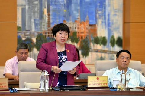 Chủ nhiệm Ủy ban các vấn đề Xã hội của Quốc hội Nguyễn Thúy Anh trình bày báo cáo tại phiên họp. (Ảnh: Trọng Đức/TTXVN)