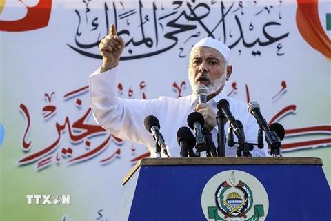 Thủ lĩnh Hamas Ismail Haniyeh phát biểu tại một sự kiện ở thành phố Gaza ngày 21/8/2019. (Ảnh: AFP/TTXVN)