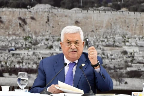 Tổng thống Palestine Mahmoud Abbas phát biểu tại cuộc họp ở thành phố Ramallah, Bờ Tây ngày 25/7. (Ảnh: THX/TTXVN)