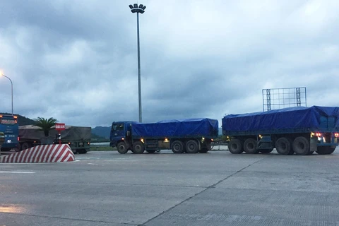 Các xe tải biển kiểm soát Lào lưu thông ở Nghệ An có trọng lượng từ 71 đến 75 tấn. (Ảnh: Nguyễn Oanh/TTXVN)