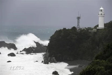 Sóng lớn khi siêu bão Hagibis đổ bộ vào bờ biển Kushimoto, tỉnh Wakayama, Nhật Bản ngày 12/10/2019. (Ảnh: Kyodo/TTXVN)