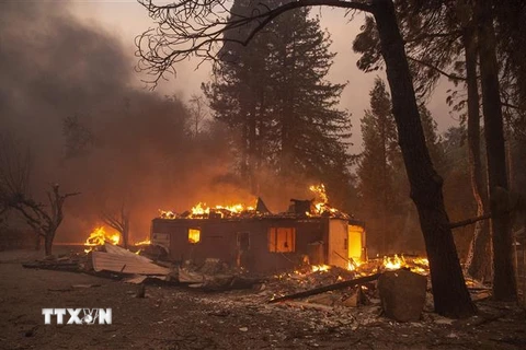 Nhà cửa bị thiêu rụi trong đám cháy rừng tại Geyserville, California, Mỹ, ngày 24/10/2019. (Ảnh: AFP/ TTXVN)