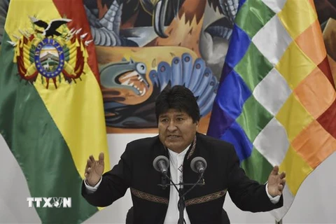 Tổng thống Bolivia Evo Morales phát biểu trong cuộc họp báo tại La Paz ngày 23/10/2019. (Ảnh: AFP/TTXVN)