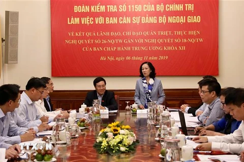 Ủy viên Bộ Chính trị, Bí thư Trung ương Đảng, Trưởng Ban Dân vận Trung ương Trương Thị Mai phát biểu tại buổi làm việc. (Ảnh: Lâm Khánh/TTXVN)