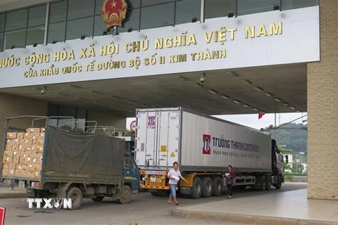 Xe chở Thanh Long thông quan qua cửa khẩu đường bộ Kim Thành (Lào Cai). (Ảnh Hồng Ninh/TTXVN)