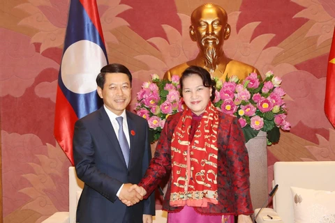 Chủ tịch Quốc hội Nguyễn Thị Kim Ngân tiếp Bộ trưởng Ngoại giao Lào Saleumxay Kommasith. (Ảnh: Trọng Đức/TTXVN)