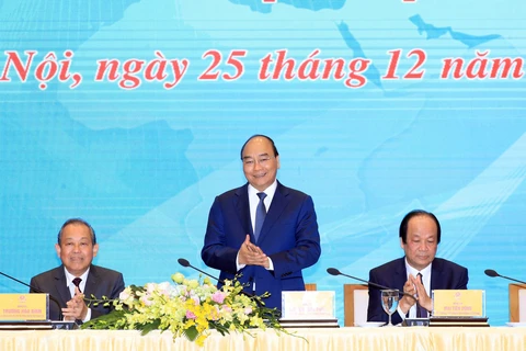 Thủ tướng Nguyễn Xuân Phúc dự Hội nghị tổng kết công tác năm 2019 và phương hướng nhiệm vụ năm 2020 của Văn phòng Chính phủ. (Ảnh: Thống Nhất/TTXVN)
