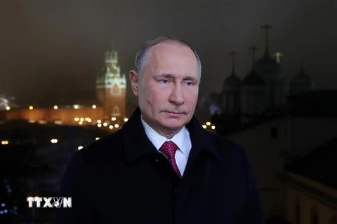 Tổng thống Nga Vladimir Putin phát biểu mừng Năm mới 2020 tại Điện Kremlin ở Moskva, Nga, ngày 1/1/2020. (Ảnh: AFP/TTXVN)