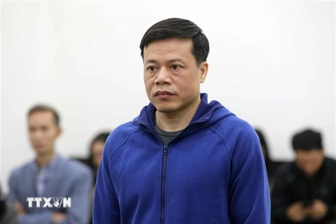 Bị cáo Nguyễn Hoàng Long (nguyên Chủ tịch HĐQT, Tổng Giám đốc Công ty CP Tập đoàn Vina Megastar) đứng trước tòa. (Ảnh: Doãn Tấn/TTXVN)
