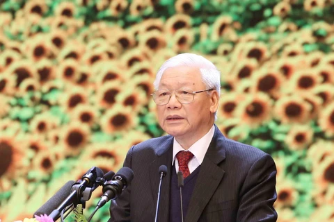 Tổng Bí thư, Chủ tịch nước Nguyễn Phú Trọng đọc Diễn văn kỷ niệm 90 năm Ngày thành lập Đảng Cộng sản Việt Nam. (Ảnh: Phương Hoa/TTXVN)