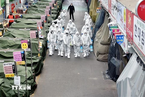 Nhân viên phun thuốc khử trùng tại một khu chợ ở Daegu, Hàn Quốc, nhằm ngăn chặn sự lây lan của COVID-19, ngày 23/2/2020. (Ảnh: THX/ TTXVN)