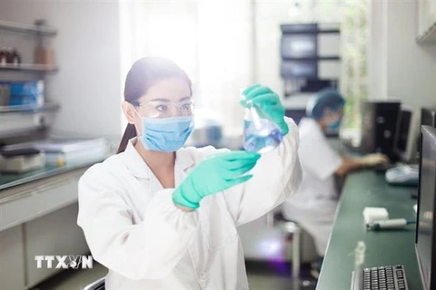 Nhóm nghiên cứu Mỹ làm việc tại phòng thí nghiệm điều chế thuốc chống virus SARS-CoV-2. (Ảnh: Getty Images/TTXVN)
