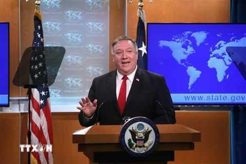 Ngoại trưởng Mike Pompeo tại cuộc họp báo ở Washington,DC, Mỹ, ngày 7/4/2020. (Ảnh: AFP/TTXVN)