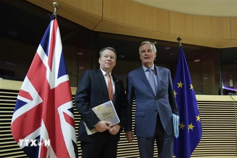 Trưởng đoàn đàm phán Brexit của EU Michel Barnier (phải) và người đồng cấp Anh David Frost tại cuộc gặp ở Brussels, Bỉ ngày 2/3/2020. (Ảnh: AFP/TTXVN)