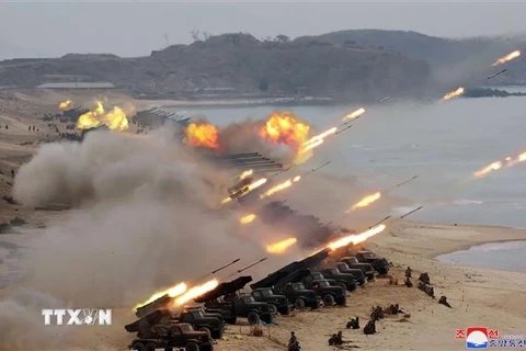 Cuộc diễn tập pháo binh của quân đội Triều Tiên tại một điểm bí mật, ngày 28/2/2020. (Ảnh: AFP/TTXVN)