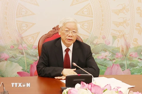 Tổng Bí thư, Chủ tịch nước Nguyễn Phú Trọng điện đàm trực tiếp với Tổng Bí thư, Chủ tịch nước Lào Bounnhang Vorachith. (Ảnh: Trí Dũng/TTXVN)