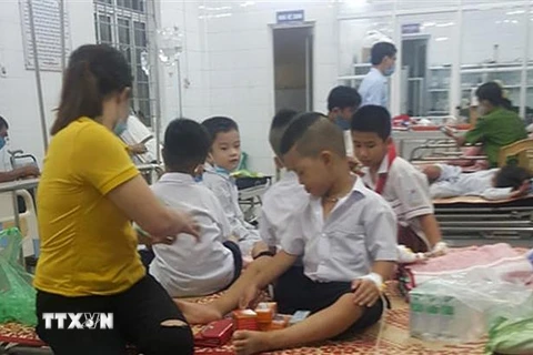 Các em học sinh bị ong đốt được đưa vào Trung tâm Y tế huyện Cam Lộ để điều trị. (Ảnh: TTXVN phát)