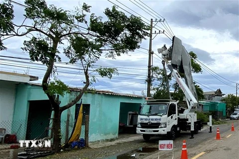 Công nhân điện lực nỗ lực khắc phục hậu quả bão số 5 để cấp điện cho người dân Thừa Thiên-Huế. (Ảnh: Tường Vi/TTXVN)
