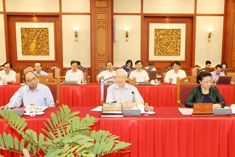 Tổng Bí thư, Chủ tịch nước Nguyễn Phú Trọng phát biểu chỉ đạo tại buổi làm việc với Ban Thường vụ Thành ủy Hà Nội. (Ảnh: Trí Dũng/TTXVN)