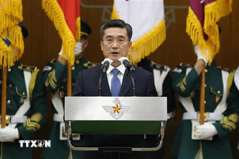 Tân Bộ trưởng Quốc phòng Hàn Quốc Suh Wook trong bài phát biểu tại Seoul ngày 18/9/2020. (Ảnh: Yonhap/TTXVN)