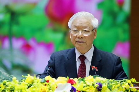 Tổng Bí thư, Chủ tịch nước, Bí thư Quân ủy Trung ương Nguyễn Phú Trọng phát biểu chỉ đạo Đại hội. (Ảnh: Dương Giang/TTXVN)
