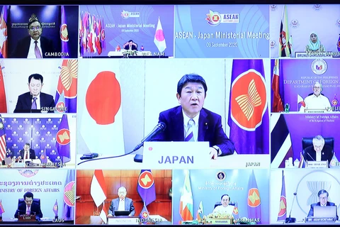 Bộ trưởng Ngoại giao Nhật Bản Toshimitsu Motegi phát biểu tại Hội nghị Bộ trưởng Ngoại giao ASEAN-Nhật Bản. (Ảnh: Lâm Khánh/TTXVN)