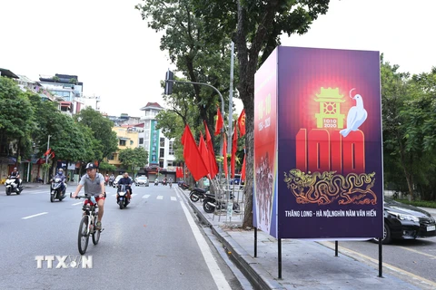 Phố Đinh Tiên Hoàng với pano và cờ rực rỡ chào mừng 1010 năm Thăng Long-Hà Nội. (Ảnh: Hoàng Hiếu/TTXVN)