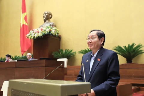 Bộ trưởng Bộ Nội vụ Lê Vĩnh Tân trình bày tóm tắt dự thảo Nghị quyết của Quốc hội về tổ chức chính quyền đô thị tại Thành phố Hồ Chí Minh. (Ảnh: Lâm Khánh/TTXVN)