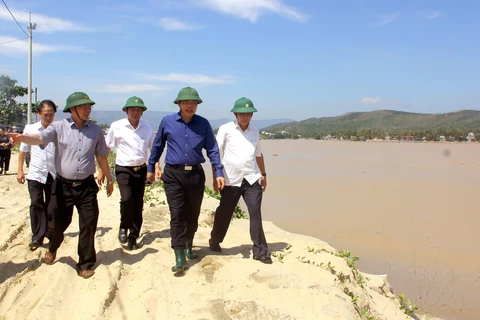 Đoàn công tác của Ban Chỉ đạo Trung ương về Phòng chống thiên tai kiểm tra tình trạng sạt lở bờ biển ở Bình Định. (Ảnh: Nguyên Linh/TTXVN)