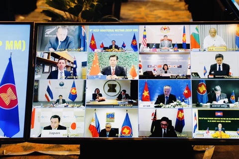Hội nghị trực tuyến Bộ trưởng Kinh tế RCEP lần thứ 8. (Ảnh: Trần Việt/TTXVN)