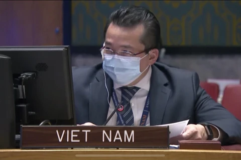 Đại sứ Phạm Hải Anh - Phó Trưởng phái đoàn đại diện thường trực Việt Nam tại LHQ phát biểu. (Ảnh: Hữu Thanh/TTXVN)