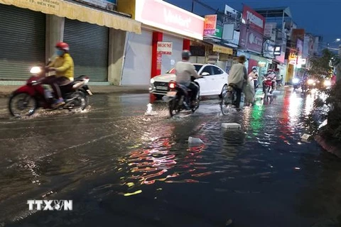 Triều cường ngập tuyến đường Nguyễn Đình Chiểu, Phường 1, thành phố Bến Tre tối 16/11. (Ảnh: Thu Hiền/TTXVN)