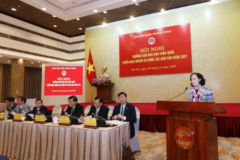 Bà Trương Thị Mai, Ủy viên Bộ Chính trị, Bí thư Trung ương Đảng, Trưởng Ban Dân vận Trung ương phát biểu. (Ảnh: Phương Hoa/TTXVN)