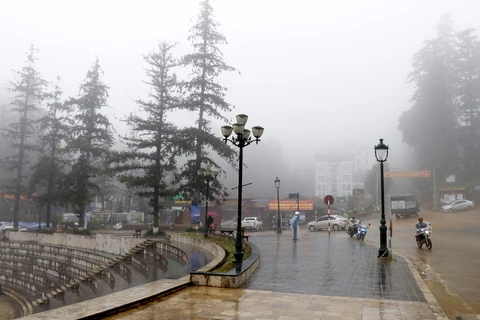 Sương mù dày đặc bao phủ tại thị xã Sa Pa. (Ảnh: Quốc Khánh/TTXVN)