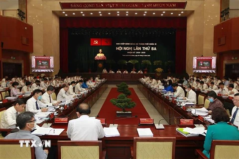 Quang cảnh hội nghị Thành ủy Thành phố Hồ Chí Minh. (Ảnh: Thanh Vũ/TTXVN)