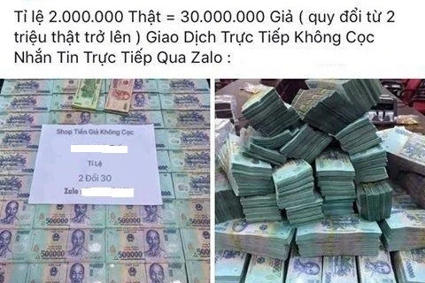 Thông tin về bán tiền giả trên Facebook. (Nguồn: congan.haiphong.gov.vn)
