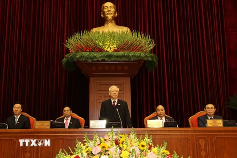 Tổng Bí thư Ban Chấp hành Trung ương Đảng Cộng sản Việt Nam khóa XIII, Chủ tịch nước Nguyễn Phú Trọng phát biểu tại Hội nghị. (Ảnh: Trí Dũng/TTXVN)