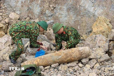 Ban Chỉ huy quân sự huyện Quỳnh Lưu phối hợp với Ban Công binh Bộ Chỉ huy quân sự tỉnh Nghệ An tiến hành hủy nổ thành công quả bom nặng hơn 113kg. (Ảnh: TTXVN)