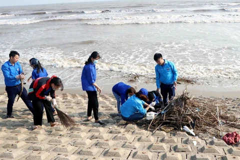 Làm vệ sinh bãi biển Lộc Hà, Hà Tĩnh. (Ảnh: Công Tường/TTXVN)