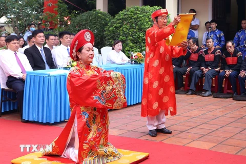 Nghi thức tế lễ truyền thống trong Lễ Giỗ tổ Hùng Vương năm 2021 tại Di tích lịch sử quốc gia Đình Lạc Giao, thành phố Buôn Ma Thuột, Đắk Lắk. (Ảnh: Hoài Thu/TTXVN)