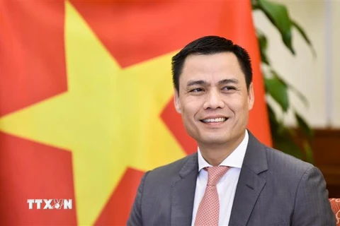 Thứ trưởng Bộ Ngoại giao Đặng Hoàng Giang trả lời phỏng vấn báo chí về kết quả tháng Chủ tịch HĐBA LHQ 4/2021 của Việt Nam. (Ảnh: TTXVN phát)