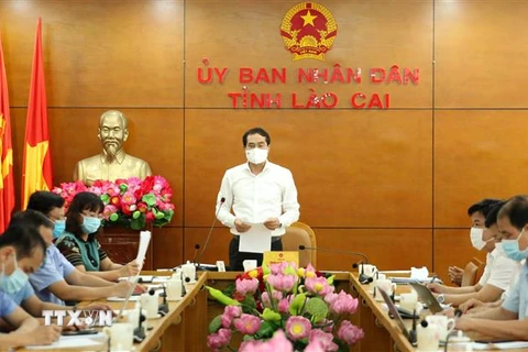 Chủ tịch Ủy ban nhân dân, Trưởng Ban chỉ đạo phòng, chống dịch COVID-19 tỉnh Lào Cai Trịnh Xuân Trường phát biểu tại buổi làm việc. (Ảnh: Quốc Khánh/TTXVN)