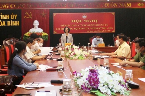 Đồng chí Trương Thị Mai tiếp xúc cử tri trực tuyến với ba huyện Lạc Thủy, Kim Bôi, Cao Phong (Hòa Bình). (Nguồn: Nhandan)