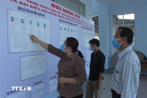 Cử tri huyện Vĩnh Thuận, Kiên Giang xem tiểu sử những người ứng cử đại biểu Quốc hội và HĐND các cấp. (Ảnh: Lê Sen/TTXVN)